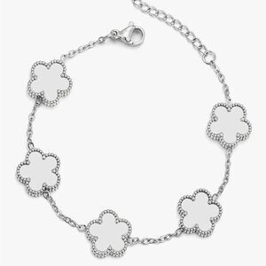 18K Gold Silver Four Leaf Clover Bracelet White Enamel Van Cleef Style Dainty
